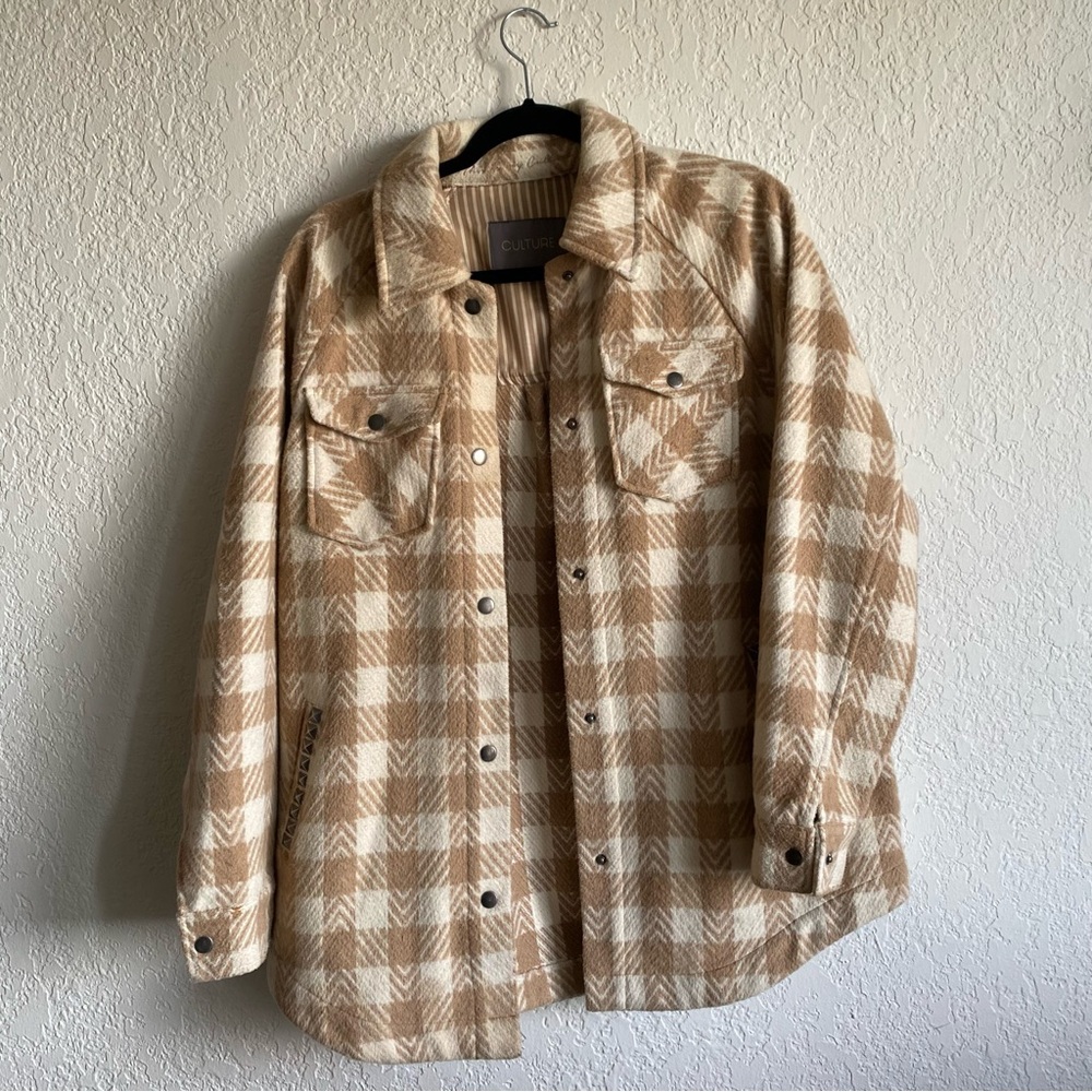 Tan and Cream Plaid Oversized Button-Up Jacket